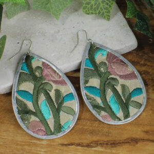 Turquoise Floral Embroidered Silver Teardrop Earring
