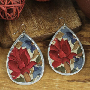 Flower Embroidered Elegance Red Earrings Teardrop Silver